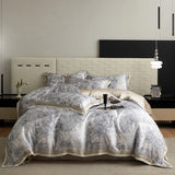 Qfdian Floral Plant Print Color Blocking Bedding Set Lyocell Bamboo Fiber Soft Silky Duvet Cover Flat/Fitted Bed Sheet Pillowcases 4Pcs