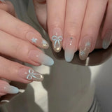 Qfdian  24Pcs Cat Eye Fake Nails Rhinestone Pearl Press on Nails Glitter Star Nail Art Sweet Bowknot False Nails French Almond Nail Tips