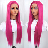 Qfdian Pink Wig Straight Synthetic Lace Front Wig Glueless Wigs for Women Rose Red Hot Pink Long Hair Lace Frontal Wig Ready to Wear