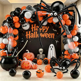 Qfdian  120Pcs Halloween DIY Spider Balloon Garland Arch Kit, Black Orange White Latex Balloons with Long Strip Balloons to Make Big Spi
