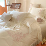 Qfdian 4Pcs Flowers Embroidery Lace Ruffles Princess Wedding Bedding Set Egyptian Cotton Duvet Cover Bed Sheet/Fitted Sheet Pillowcases