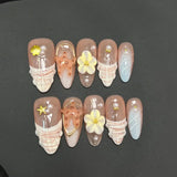 Qfdian  10pcs Handmade Press on Nails Ocean Starfish Shell Design Fake Nail Tips Wearable Reusable 3D Flower French Almond  False Nails