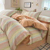 Qfdian  Nordic Bedding Set Striped Duvet Cover Set 100% Cotton Soft Flat Sheet Single Twin Size Double Bed Sheet Set For Bedroom Decor
