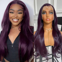 Qfdian 13X4 Dark Purple Wig Synthetic Hair Natural Wavy Lace Front Wig Body Wave Long Hair Colored Lace Frontal Wigs for Women Party