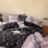 Qfdian 1000TC Egyptian Cotton Vintage Rose Prints Pleated Ruffles Purple Bedding Set Duvet Cover Flat/Fitted Bed Sheet Pillowcases 4Pcs