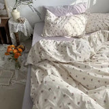 Qfdian Ins Korean Pastoral Flower Bedding Set Purple Bed Flat Sheet Pillowcase Twin Full Queen Size Bed Linen Women Girls Duvet Cover