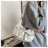 Qfdian Women Ins Casual Sweet Kawaii Bow Handbags Pleated Y2k Aesthetic Vintage Underarm Bag Fashion All Match Shoulder Crossbody Bags