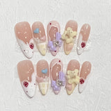 Qfdian  Pink Strawberry Press on Nails Handmade Flower Fake Nails Gradient Color Medium Length Square False Nails for Women Girls