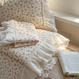 Qfdian 3/5Pcs Rose Floral Print Lace Ruffles Quilted Bedspread, Bed Cover, Mattress Topper Coverlet, Bed Sheet, With Pillowcases