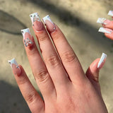 Qfdian  24Pcs Short Square Nude French Tip Press On Nails Set Reusable Acrylic Full Cover Fake Nail with Glue for Women&Girls Decoration
