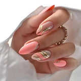 Qfdian 24Pcs Short Round Head False Nails Glitter Pink Almond Fake Nails Strawberry Full Cover Press on Nails Wearable Nail Tips