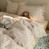 Qfdian  Ins Bedding Set Princess Floral Lace Simple 4pcs Bedding for Girls Woman Quilt Cover Sheet And Pillowcase Spring Home Textiles