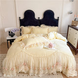 Qfdian  4Pcs Princess Wedding Bedding Set Korean Style Lace Flowers Embroidery Duvet Cover Bed Sheet/Fitted Sheet/Bed Skirt Pillowcases