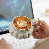 Qfdian  Retro Coarse Pottery Coffee Cup Pumpkin Shaped Coffee Cups Spoon with Lid Mugs Household Relief Cup and Disc Set Christmas Gifts