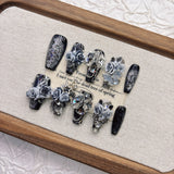 Qfdian  Gothic Elegant Press On Nails Smoky Black Glitter Resin Metal Star Butterfly Accessories Multiple Sizes Easy to Apply Reusable