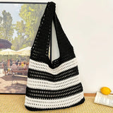 Qfdian Ladies' woven bag, niche design, striped knitted bag, simple hollow out hand-held shoulder bag, sports handbag