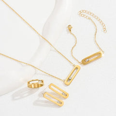 Thin Link Train Geometric Necklace Earring Ring Bracelet Jewelry Set Gold Plated Crystal Stone Jewelry Gift Set