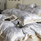 Qfdian Floral Plant Print Color Blocking Bedding Set Lyocell Bamboo Fiber Soft Silky Duvet Cover Flat/Fitted Bed Sheet Pillowcases 4Pcs