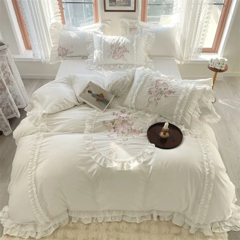 Premium Long Staple Cotton French Chic White Patchwork Embroidery Bedding Set Double Duvet Cover Flat/Fitted Sheet Pillowcases