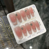 Qfdian  Blush Pink Handmade Fake Nails Sweet Strawberry Flower Designed Wearable Press on Nails Full Cover False Nail for Women Girls