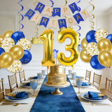 Qfdian  Royal Blue Gold 13th Birthday Decorations Happy Birthday Banner Swirls with Number 13 Foil Latex Balloon 13 Year Old Party Decor