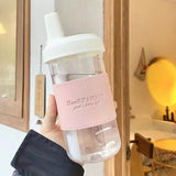 Qfdian  500/850ML Cute Pearl Milk Tea Straw Plastic Water Bottle With Cup Cover Women Large Capacity Juice Boba Milk Tea Cup Drop-proof