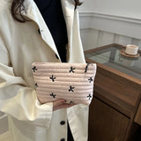 Qfdian Cute Makeup Bag with Zipper Large Capacity Cosmetic Bag Embroidery Bow Wash Storage Bag