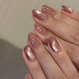 Qfdian  24pcs Glossy Red Cat's Eye Press On Nails Full Cover Nude Color Wearable Almond False Nails Charms Detachable Fake Nail For Girl