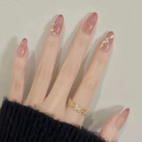 Qfdian  24Pcs Cat Eye Fake Nails Rhinestone Pearl Press on Nails Glitter Star Nail Art Sweet Bowknot False Nails French Almond Nail Tips
