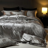 Qfdian 4Pcs Champagne Silk Damask Jacquard Egyptian Cotton Patchwork Luxury Bedding Set Duvet Cover Flat/Fitted Bed Sheet Pillowcases