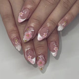 Qfdian 24pcs Mid-length Almond Press on Nails Sets Wearable Gradient Pink Flower Pearl Design False Nail French Fake Nail Finished Tips