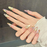 Qfdian  10pcs Handmade Starlight Fake Nails Press On Nails With Pearl Rhinestone Gold Star Decor Colorful Cat's Eye False Nails Wearable