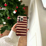 Qfdian Red stripes autume winter 3d bowknot  cover for iphone 15pro 16promax 16 13pro 12 14 13 15 pro max 14promax rope phone case