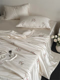 Qfdian 60S Lyocell Bamboo Fiber Flower Embroidery Summer Quilt Bedding Set Soft Silky Thin Comforter Blanket With Bed Sheet Pillowcases