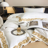 Qfdian 1000TC Egyptian Cotton Luxury Gold Embroidery Bedding Set Black Khaki Patchwork Duvet Cover Bed Sheet Fitted Sheet Pillowcases
