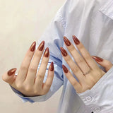 Qfdian 10Pcs Handmade Simple Fake Nail Mid-length Almond Press on False Nails Wearable Round Head Oval Full Cover Nail Tips