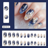 Qfdian  24pcs Smudging Blue False Nails Gentle Almond Gold Star Patterns Press On Nails Romantic Wearable Fake Nail Spicy Girl Manicure