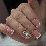 Qfdian  24pcs Glitter Short Square Fake Nails Sets Rhinestones French Design False Nail Tips Reusable Pink Press on Nails Tips Manicure