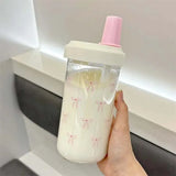 Qfdian  Original Design Purple Bow Water Cup With Straw Cute Coffee Bubble Milk Tea Plastic Cup Large Capacity Students Water Bottle New