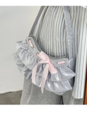 Qfdian Women All Match Fashion Office Lady Handbags Fairy Ruffled Bow Y2k Aesthetic Shoulder Bags Causal Vintage Elegant Underarm Bag