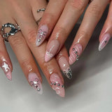 Qfdian  24pcs Press on Fake Nails Set Almond Wearable Simple French Flower False Nail Art Gold Beads Design Diamond Manicure Tips