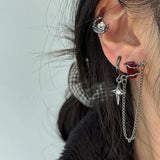 Qfdian  6PS Goth Trendy Red Crystal Star Moon Cross Tassel Pendant Earring Set For Women Men Vintage Punk Y2K Grunge Jewelry Accessories