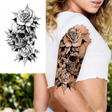 Qfdian  Realistic Fake Peony Temporary Tattoos For Women Girl Black Rose Elephant Flower Tattoo Sticker Tiger Anemone Tatoos Half Sleeve