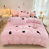 Qfdian Korean Style Pink Bedding Set Black Cat Embroidery Washed Cotton  Duvet Cover Cute Cardboard  Bed linen Comforter Sets