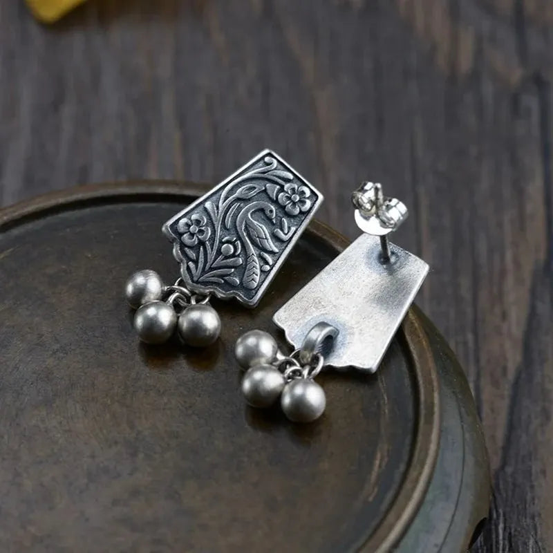 Vintage Silver Color Hand Carved Flower Phoenix Earrings Fashion Ladies Handmade Hanging Beads Stud Personality Earrings