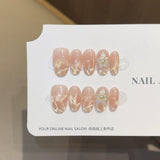 Qfdian  10Pcs Snake Rhinestone Press on Nails Pink Gradient Press on Fake Nails Cat Eye Almond False Nails 3D Carve Flower Nail Art Tip