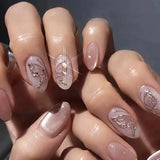 Qfdian  24Pcs Solid Color Grey Almond Fake Nail Cat's Eye Design Wearable Round Head False Nails with Shiny Powder Press on Nails