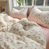 Qfdian Floral print French Style Bedding Set Bubble cotton Duvet Cover Set Washed Cotton Flat Sheet set Queen For Girl Decor Home