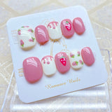 Qfdian 10pcs Blue Pink Handmade Press on Nails with Flower Short Ballerina Fake Nails Reusable Manicure Artistic Full Cover Finger Tips