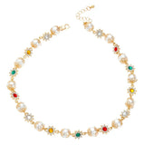 Qfdian  Luxury Flowers Beads Choker Necklace Rhinestone Elegant Imitation Pearl Clavicle Chain Jewelry Trendy Shinny Colorful Choker